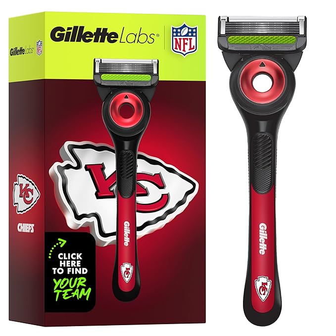 Gillette Labs Special NFL Chiefs Edition Shaving Razor for Men - 1 Handle, 4 Razor Blade Refills & Magnetic Stand, GilletteLabs with Exfoliating Bar