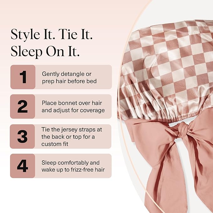 Kitsch XL Satin Bonnet for Sleeping - Softer Than Silk Hair Bonnet For Women - Secure Fit, Adjustable Night Cap For Curly & Textured Hair - Prevents Breakage, Tangles & Thinning - Terracotta Checker