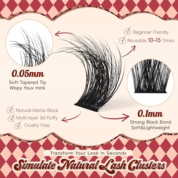 VYRILA Lash Clusters 0.05mm PBT Fiber Eyelash Clusters, 0.1mm Superfine Black Band D Curl Diy Lash Extension, 112pcs 8-16mm Individual Like Eyelash Extensions (Lushy-D-8-16Mix)
