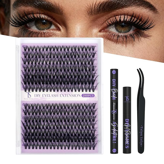 THINK SHOW Lash Clusters Kit 30D 9-16mm 280pcs Wispy Lash Clusters Kit with Bond and Seal,Tweezers,Remover Natural Cluster Eyelash Extensions for Beginners(30D)