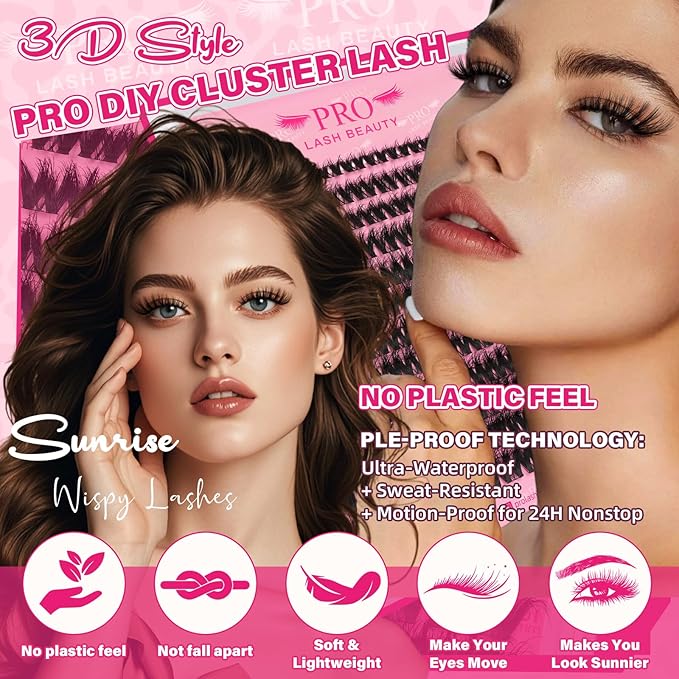 PROLASHBEAUTY Lash Clusters Kit 3D Volume Lash Clusters 144Pcs Eyelash Clusters DIY Lash Extension Kit with Lash Bond and Seal Lash Remover Applicator (Sunrise,8-18mix)