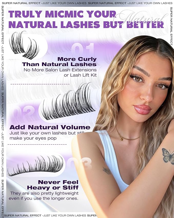 EYDEVRO Natural Lash Clusters Kit Wispy Eyelash Clutsers Kit 10-16mm Cluster Eyelash Extensions D Curl Lash Extension Kit Salon-quality Cluster Lashes at Home Lash Bond and Seal, Tweezers, Brush