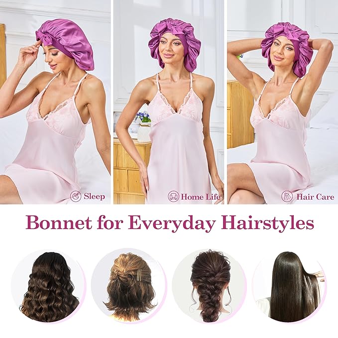 Silk Satin Bonnet for Sleeping Hair: Women Sleep Night Wrap Cap for Straight Wavy Curly Coily Kinky Natural Hair Head by Tie Band - Soft Fuchsia +Pink