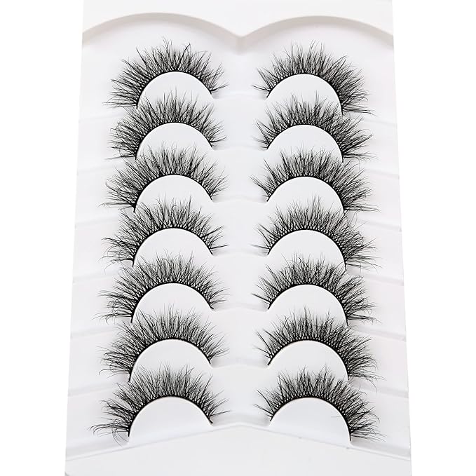 Pooplunch False Eyelashes Wispy Lashes Cat Eye Volume 8D Natural Fluttery Fake Eyelashes Faux Mink Lashes Strips 7 Pairs Pack