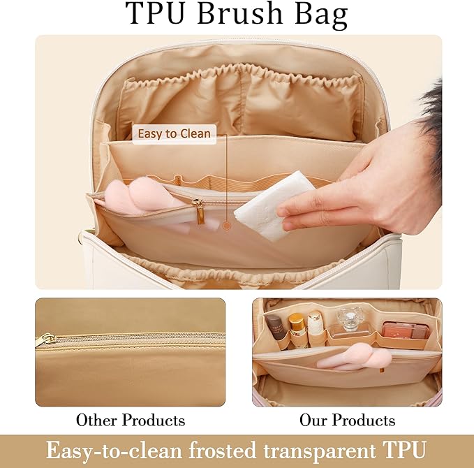 Birthday Gifts for Women Teen Girl, Personalized Initial Makeup Organizer Bag Set, Open Flat Travel Cosmetic Bag With Clear Divider and Handle(Large-Beige,C)