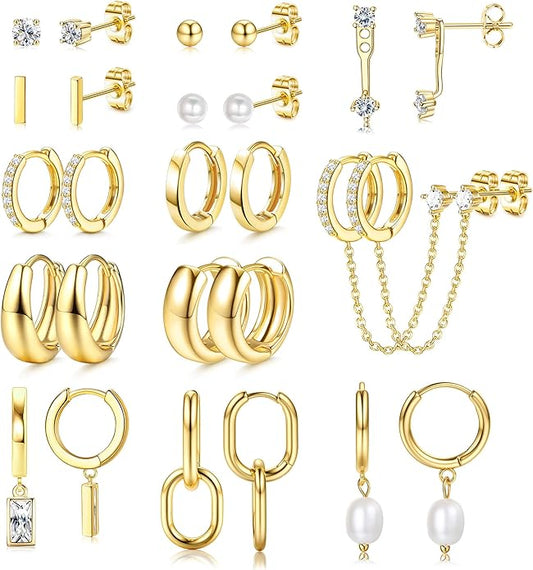 BESTEEL 13 Pairs Small Stud Hoop Earrings Set for Women Hypoallergenic Gold Plated Huggie Hoops Pearl Dainty Lightweight Earrings for Gift