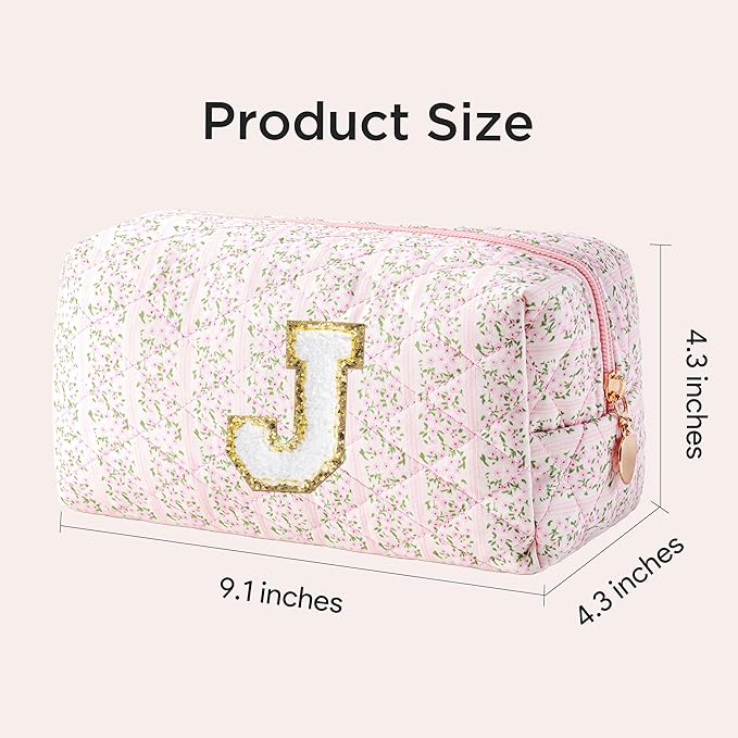 HBselect Initial Makeup Bag for Women, Pink Cosmetic Travel Toiletry Bag, Flowers Zipper Make Up Pouch Organizer Teen Girl Gifts Trendy Stuff J