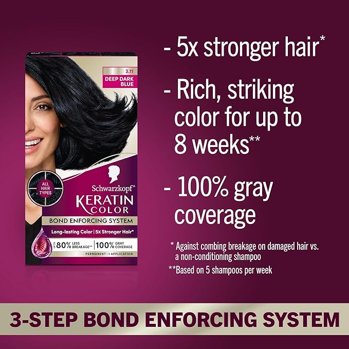 Schwarzkopf Keratin Permanent Hair Dye Cream, 3.11 Deep Dark Blue, Professional Quality Color for Up to 100% Gray Coverage, Bond Enforcing System