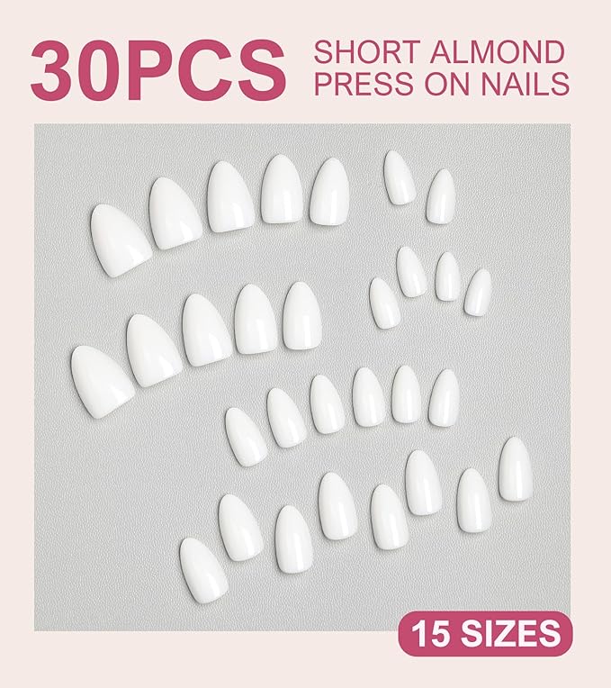 Morily 30Pcs Press on Nails Almond, Milky White Fake Nails Short Glossy Acrylic False Nails Reusable Full Cover Stick on Nails for Women, 15 Sizes, Thicker Fingertips