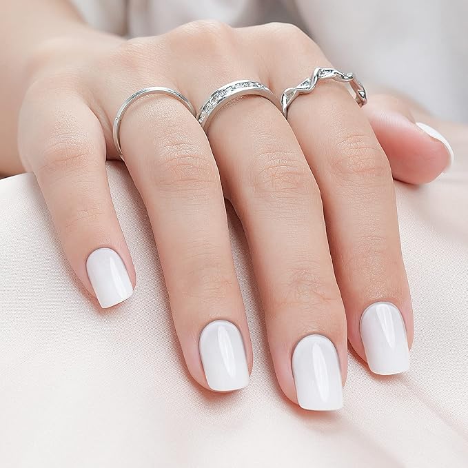 White Press on Nails Short, Jofay Fashion Square Solid Color Fake Nails with Glue, Reusable & Natural Acrylic False Nails Stick on Nails for Women Girls Gift, Gel Nail Kit, 24pcs