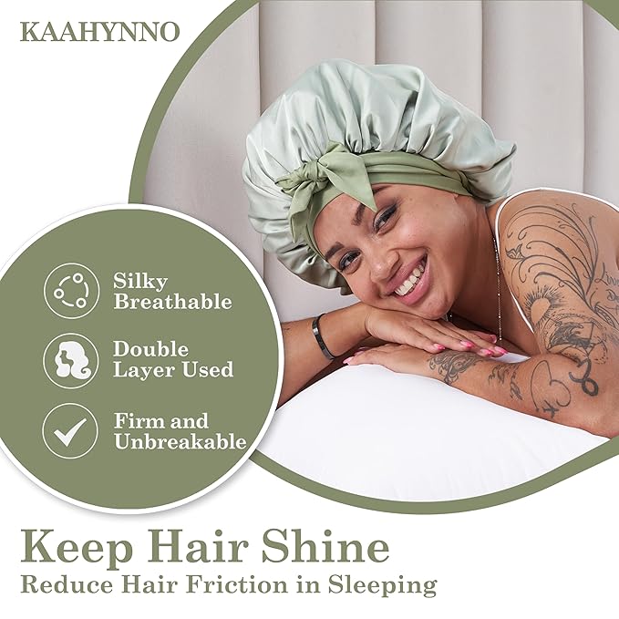 Tie Band Silk Satin Bonnet for Sleeping Hair: Women Sleep Night Wrap Cap for Straight Wavy Curly Coily Kinky Natural Hair Head - Matcha Green