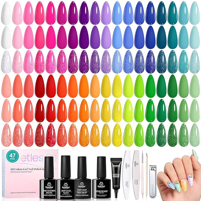 beetles Spring Gel Polish Set - 36 Colors Pastel Neon Gel Nail Polish Pink Red Green Blue Yellow Nail Polish with 4Pcs Base Top Coat Soak off Colorful Valentines Collection UV