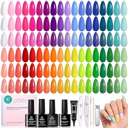 beetles Spring Gel Polish Set - 36 Colors Pastel Neon Gel Nail Polish Pink Red Green Blue Yellow Nail Polish with 4Pcs Base Top Coat Soak off Colorful Valentines Collection UV