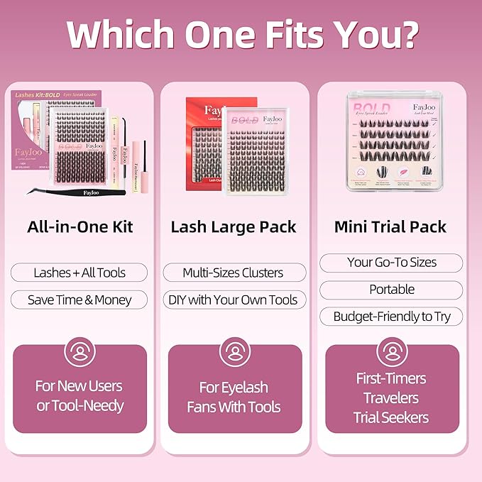 Dramatic Volume Lash Clusters, 0.05mm Thin Band 10-16mm C Curl, Compact Travel Pack, Budget-Friendly for Beginners, FayJoo BOLDEE 11 Lite
