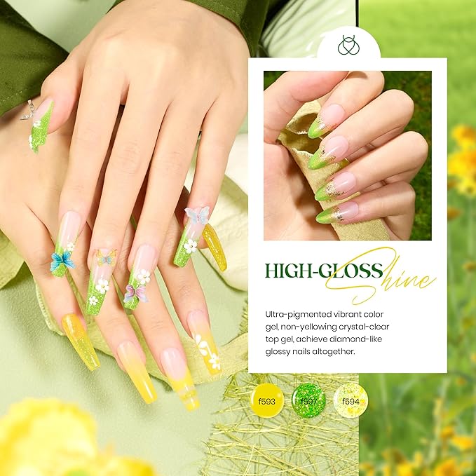 Beetles Green Gel Nail Polish Set, Winter Gel Polish Nail Kit 6 Colors Yellow Glitter Cat Eye Jelly with Cat Eye Magnet UV LED Needed Gifts for Women DIY Manicure Art Summer Beats