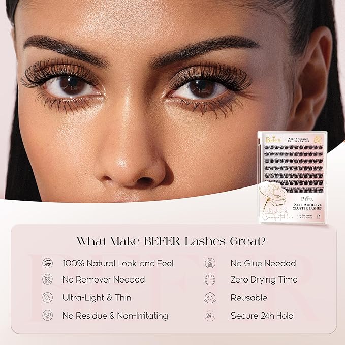 BEFER Self Adhesive Eyelashes Clusters, D Curl 10-16MM Pre Glued Lash Natural Look No Glue No Remover Needed Reusable Lashes Press on Eyelash Clusters Easy for Use DIY at Home(24-1,Air)
