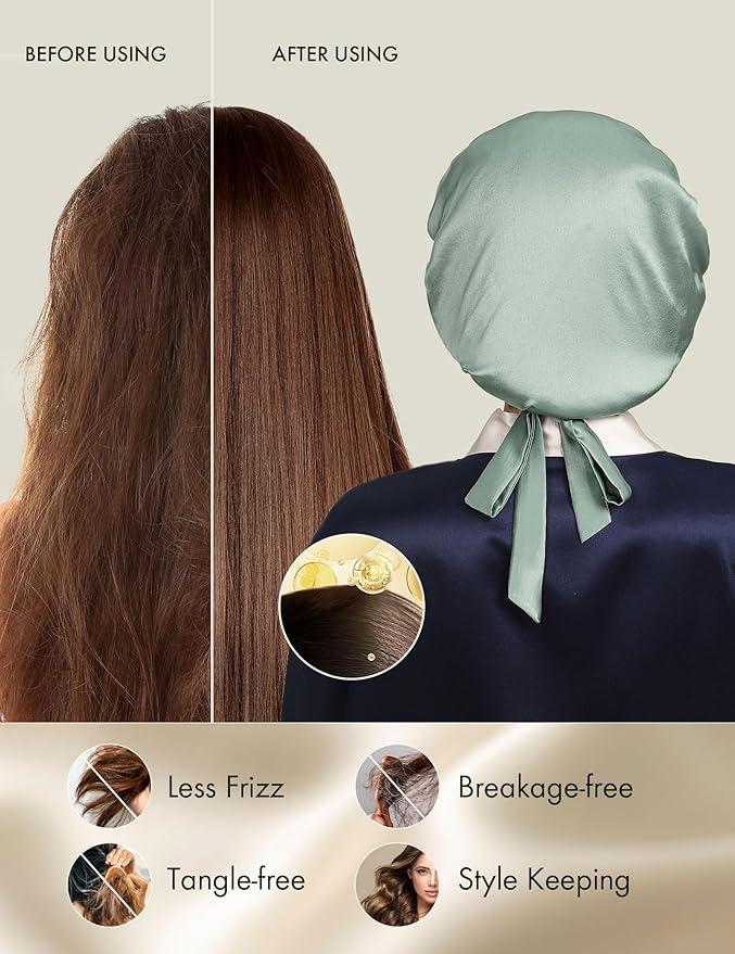LilySilk 100% Mulberry Silk Bonnet Flat Front Silk Night Sleep Cap Adjustable Hair Wrap for Sleeping, Avocado Green