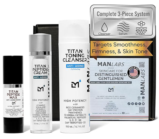 Man Labs Titan 3-Piece Anti-Aging Mens Skin Care Kit – Wash, Face Serum, Mens Face Moisturizer – Men, Skin Care Set – Dark Spots, Wrinkles, Fine Lines – Vitamin C, Peptides, Niacinamide, HA –Unscented