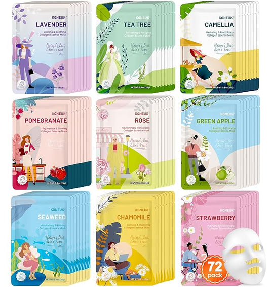 72 Pack Bulk Hydrating Face Masks Skincare, Collagen Sheet Face Mask for Dry, Oily Skin, Spa Gifts for Women Skin Care, Valentines Day Gifts for Her, Mothers Day Gifts, Teacher Gifts (9 Types x 8 Pcs)