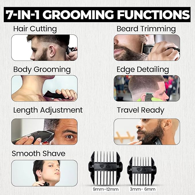 TEGH 7-in-1 Men’s Beard & Body Grooming Kit – Cordless Electric Beard, Hair & Body Trimmer for Men, Rechargeable Waterproof Groomer with Adjustable Guards