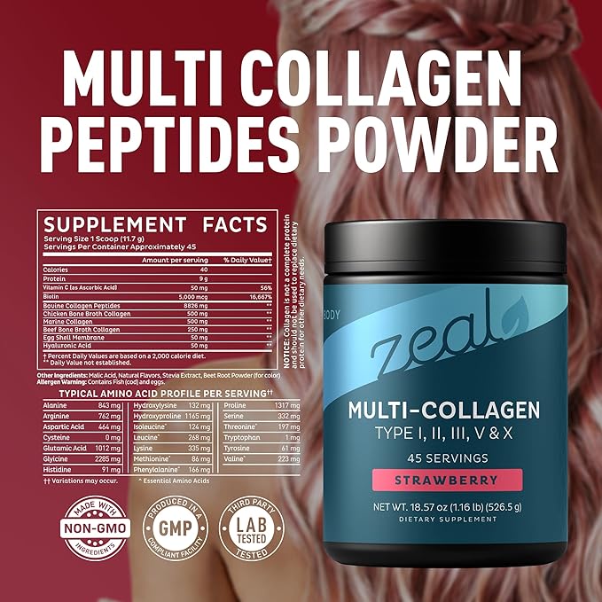 Premium Multi Collagen Peptides Powder (1, 2, 3, 5 & 10) with Protein. Vitamin C, Biotin, Hyaluronic Acid, for Hair Skin and Nails - Marine, Bovine, Chicken & Eggshell (Strawberry, 45 Servings)
