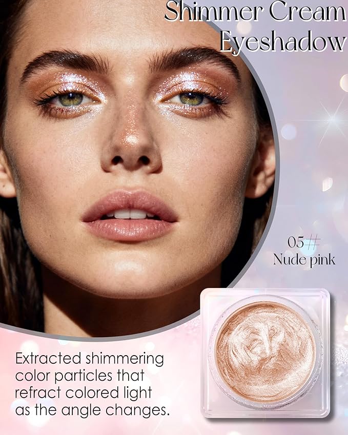 Glitter Cream Eyeshadow Palette, Beige Nude Shimmer Long-Lasting Eye Shadow Pot, Single Holographic Iridescent Eyeshadow Palette Eye Brightener, Smooth Texture Blendable Highlighter Women Makeup -05