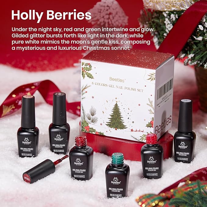 Beetles Gel Nail Polish Set - Valentines Holly Berries 6 Colors Gel Nail Kit with Sparkle Glitter Red Green Gold Silver Shades Holiday Nail Art Gift for Women Soak Off UV LED Nail Gel
