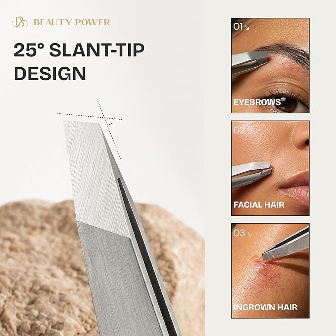Beauty Power Professional Tweezers Set – Slant & Point, Ultra Precision German Stainless Steel Tweezers for Eyebrows, Chin, Ingrown Hair & Facial Grooming – Lightweight with Travel Case (Matte Grey)