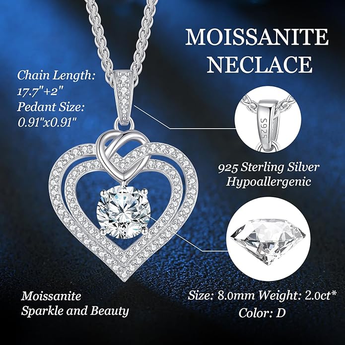 OOBEE Moissanite Heart Necklaces for Women, 1- 4 Carat Moissanite 925 Sterling Silver Gold Plating Fine Women Necklace，Ideal Anniversary Birthday Christmas Valentine Mothers Day Jewelry Gifts for Mom Wife Her Girlfriend