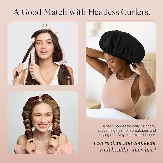 Kitsch XL Satin Bonnet for Sleeping - Softer Than Silk Hair Bonnet For Women - Secure Fit, Adjustable Night Cap For Curly & Textured Hair - Prevents Breakage, Tangles & Thinning - Black