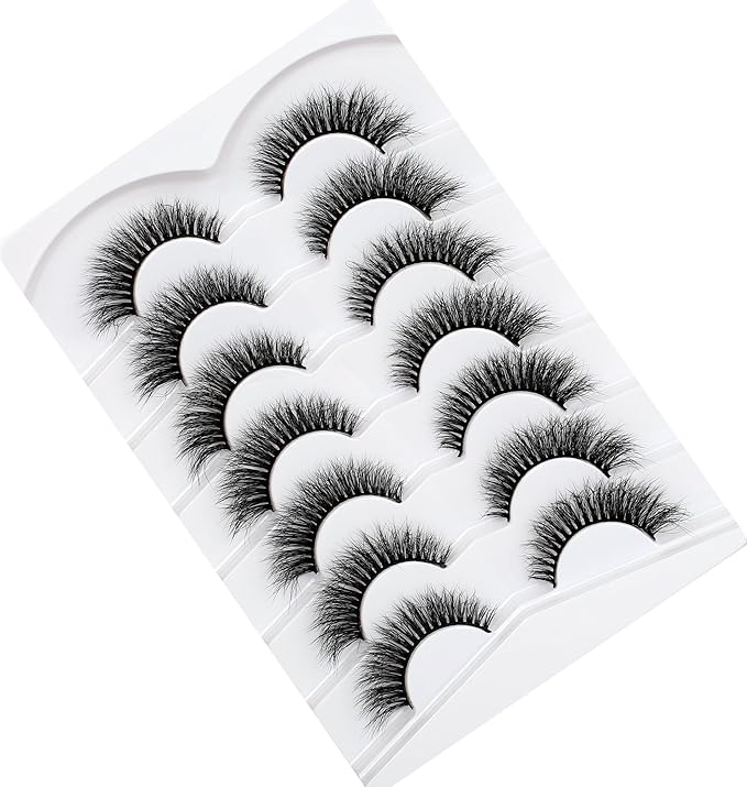Pooplunch False Eyelashes Cat Eye Look Wispy Lashes Short Natural 8D Extension Volume Soft Faux Mink Lashes Fake Eyelash Strips 7 Pairs Pack