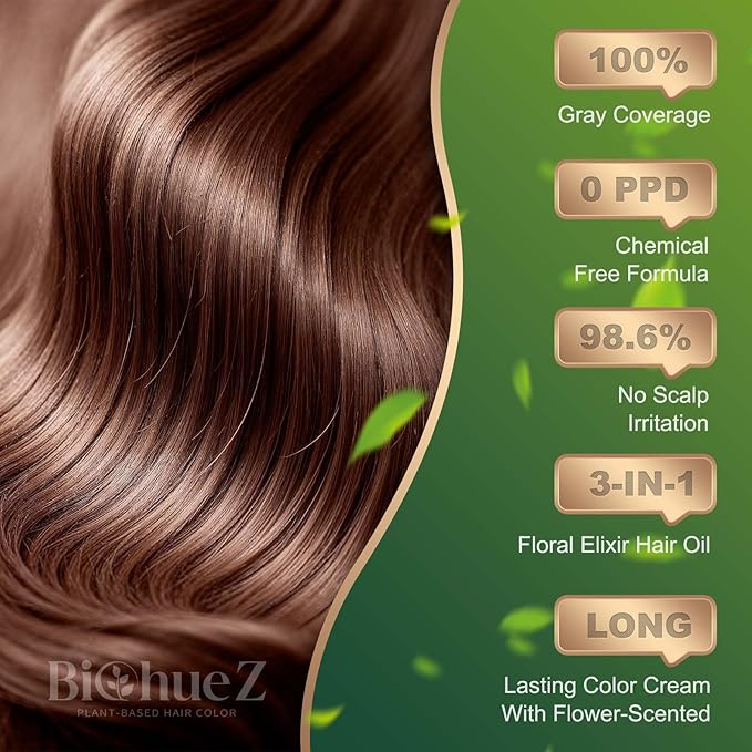 BioHueZ Permanent Hair Dye Gray Coverage Hair Dye PPD-Free Hair Color Kit 4A Cream Latte Brown