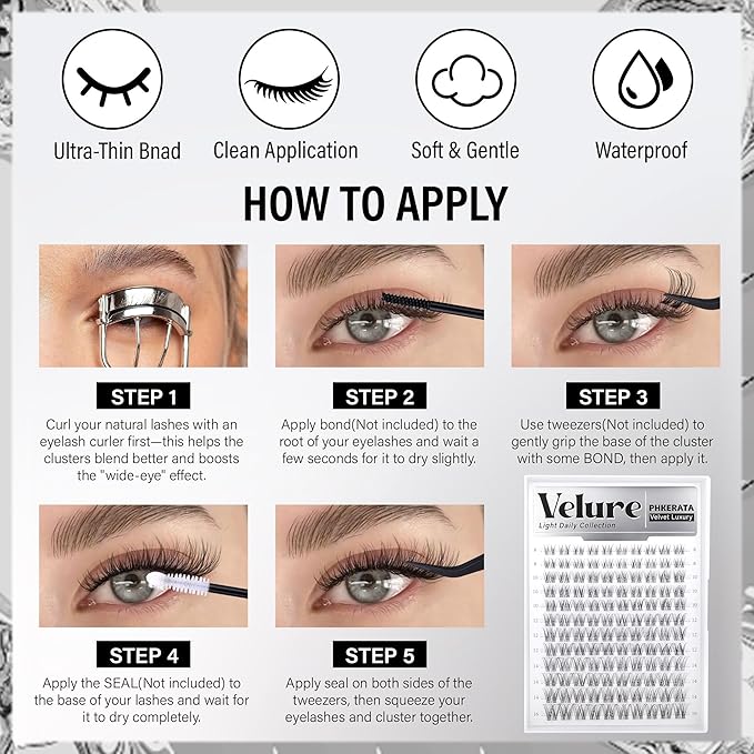 PHKERATA Velure Lash Clusters Natural Cluster Eyelash Extensions Wispy Individual Lashes Clusters DIY Ultra-Light Lash Extensions Soft C Curly Eye Lashes with Invisible Thin Band, 8-16mm, 120Pcs