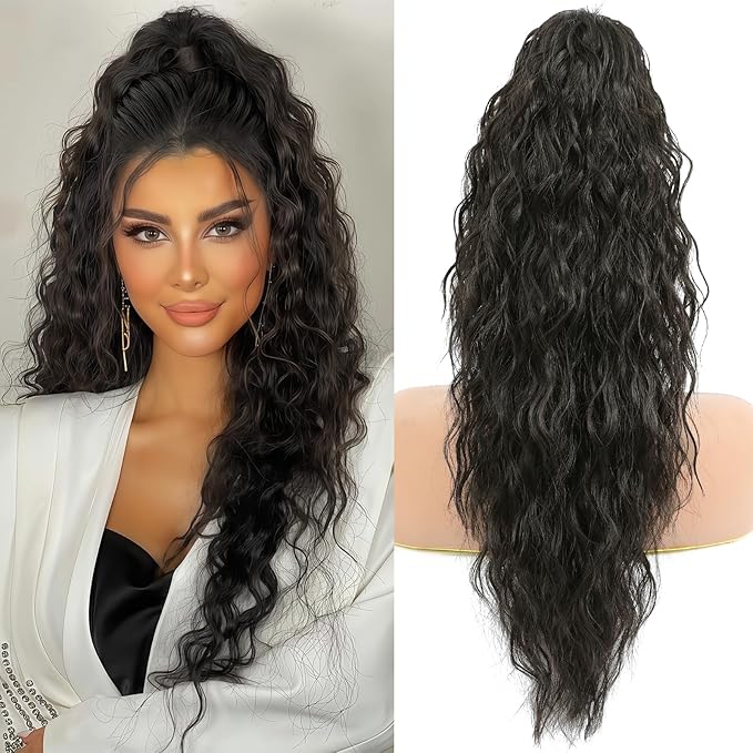 Ponytail Extension, Claw Clip on Pony tails Hair Extension for Women 22 Inch Long Wavy Curly Fake Ponytail Clip in Hair Pieces for Women Fluffy Natural Looking (Dark Brown Black, 22 Inch)