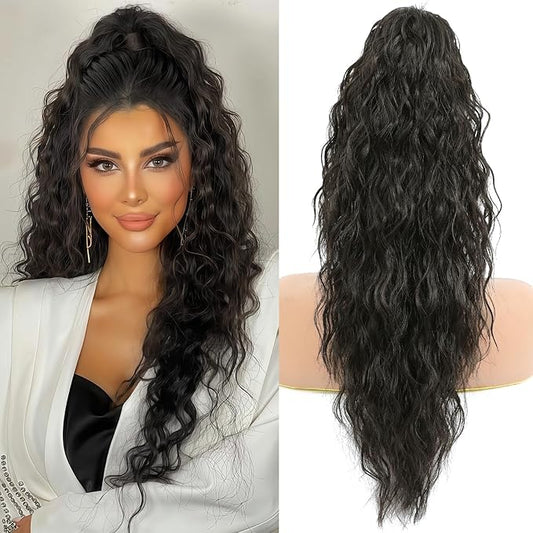Ponytail Extension, Claw Clip on Pony tails Hair Extension for Women 22 Inch Long Wavy Curly Fake Ponytail Clip in Hair Pieces for Women Fluffy Natural Looking (Dark Brown Black, 22 Inch)