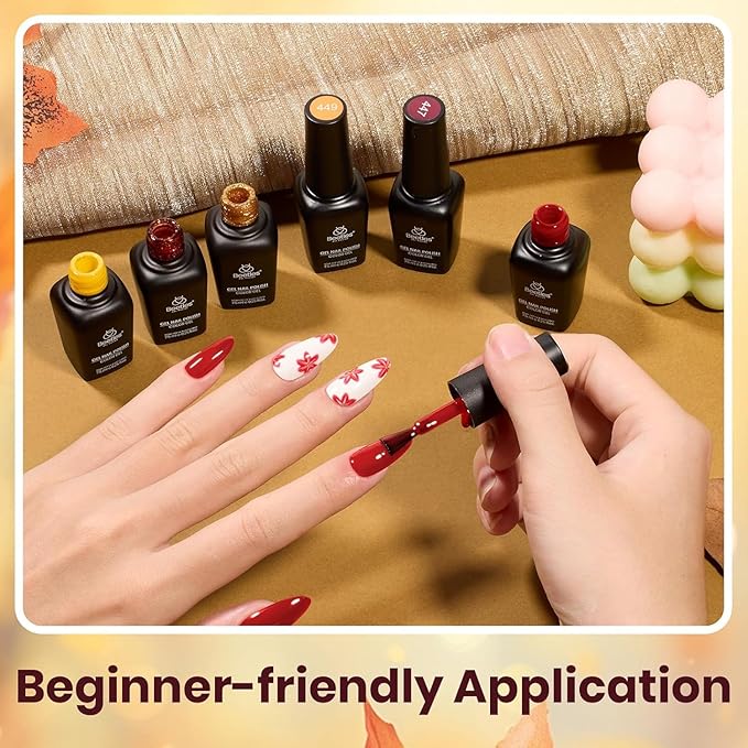 Beetles Fall Gel Nail Polish Set 6 Colors Gel Polish Red Orange Brown Gold Glitter Kit DIY Home Nail Art Manicure Kits UV LED Needed Gifts for Women Golden Blessing