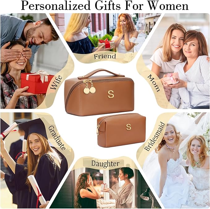 Valentine's Day Gifts for Women Teen Girl, Personalized Initial Makeup Organizer Bag Set, Open Flat Travel Cosmetic Bag With Clear Divider and Handle(Brown,S)