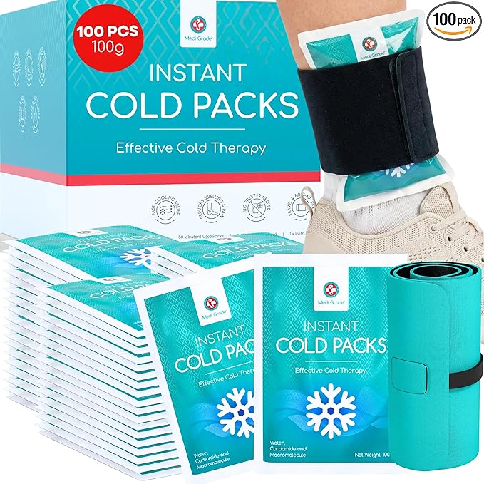 Medi Grade Instant Cold Packs, 100 Packs of 3.5oz (4.5”x6”) Disposable Cold Packs for Cooling Relief, No Freezer Needed - Cold Pack for Injuries, Knee and Ankle Cool Pack Wrap with Stabilisation Band