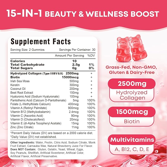 2 Pack Sugar Free Collagen Gummies for Women & Men | Hydrolyzed Collagen Peptides for Hair Skin & Nails | MultiCollagen Protein Type I II III V X with Biotin & Vitamin C | Strawberry Flavor, 120 Count