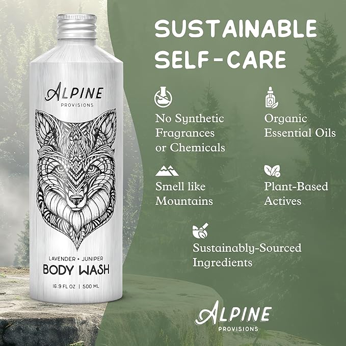 Alpine Provisions Natural & Organic Body Wash with Lavender & Juniper – Moisturizing Body Wash with Aloe Vera, Coconut Oil & Essential Oils – Vegan, Sulfate-Free, Plastic-Free – 16.9 fl oz