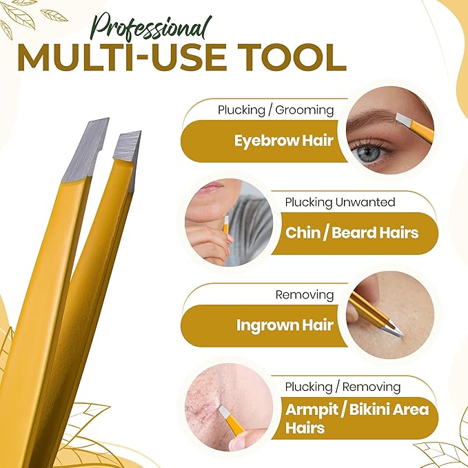 Professional Slant Tip Eyebrow Tweezers for Women & Men – Precision Hair Removal Tool – Stainless Steel Tweezers for Eyebrow Shaping, Facial Hair, Ingrown Hair & Splinter Removal (Golden Glow)
