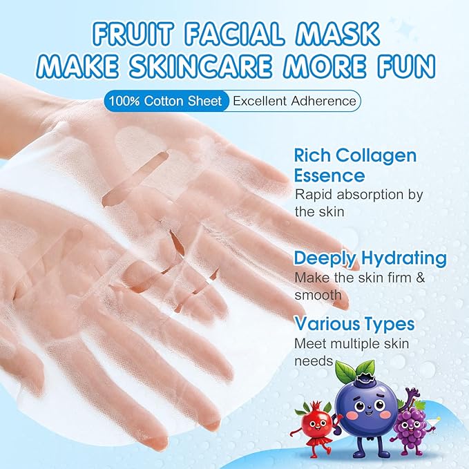 28 Pack Fruit Face Masks Skincare for Kids Girls, Sheet Collagen Face Mask for Women Skin Care, Bulk Hydrating Facial Mask for All Skin Types, Valentines Day Gifts and Party Spa Gifts for Teens
