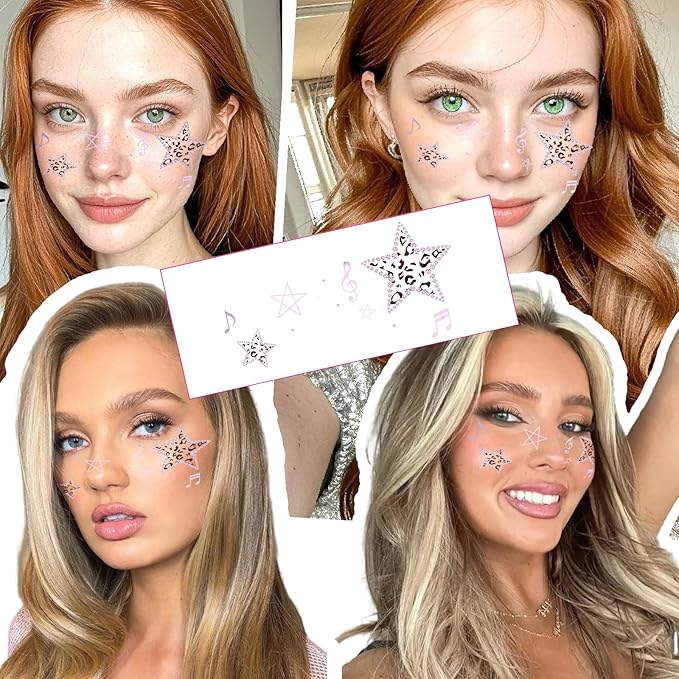 Face Glitter Freckles Tattoo, Leopard Print Star Temporary Makeup Patches, Body Glitter Sparkle Fake Freckles Stickers DIY Festival, Concert,Carnival Party,Cosmetic Glitter,Rave Accessories 8 PCS