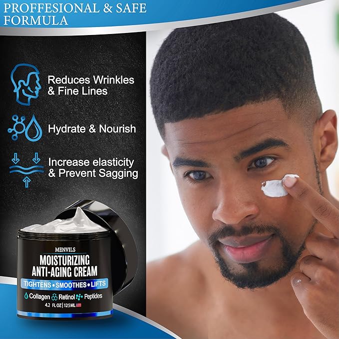 Mens Face Moisturizer Cream - Anti Aging & Wrinkle Cream - Face Moisturizer For Men with Collagen, Retinol, Peptides, Jojoba Oil - Facial Skin Care & Eye Lotion - Day & Night - 4.2 OZ