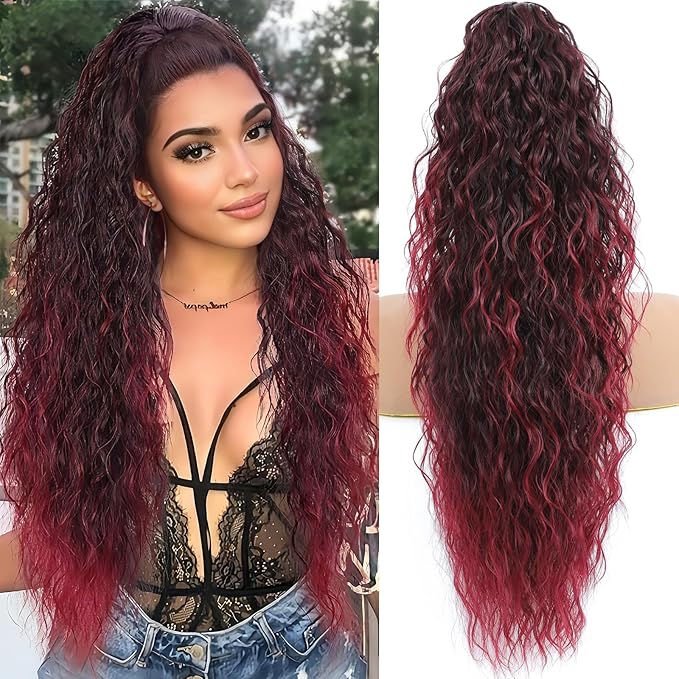 Ponytail Extension, Claw Clip on Pony tails Hair Extension for Women 28 Inch Long Wavy Curly Fake Ponytail Clip in Hair Pieces for Women Fluffy Natural Looking (Omber Burgundy, 28 Inch)