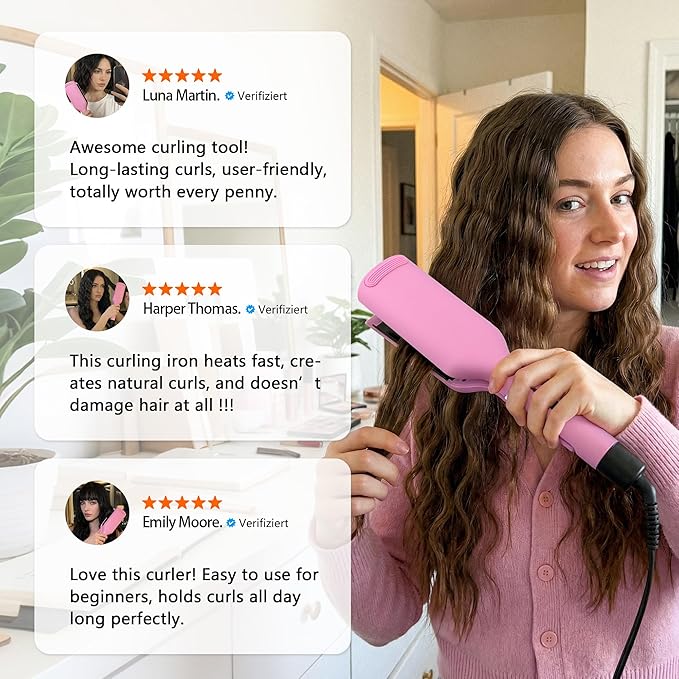 NONK Power Curling Iron Hair Crimper Waver, Ceramic Double Barrel Curling Wand, 1.25 Inch, Dual Voltage, Anti-Scald, Easy to Use, hot Tools Curling Iron for Women, bio Ionic, Pink, Gifts for Women