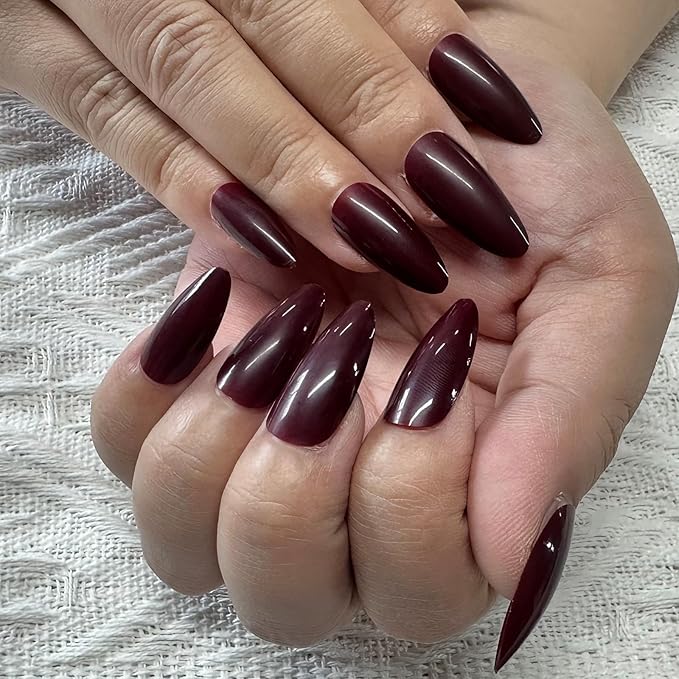 JONKASIPA Medium Almond Shape, Press On Nails, Burgundy Red Fake Nails Short Oval, Reusable Acrylic Patch Fake Nail Set Designed for Women