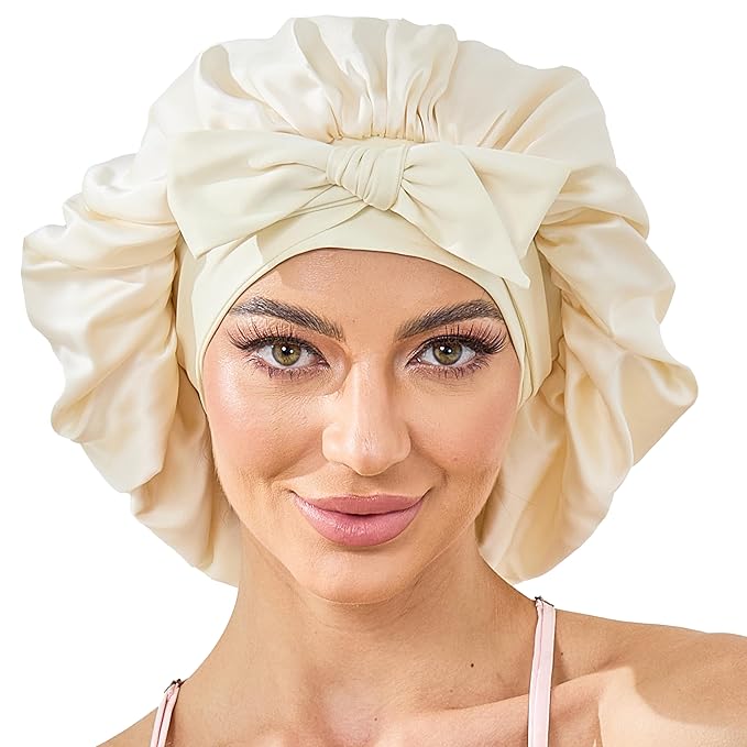 Silk Satin Bonnet for Sleeping Hair: Women Sleep Night Wrap Cap for Straight Wavy Curly Coily Kinky Natural Hair Head by Tie Band - Creamy Yellow Double Side