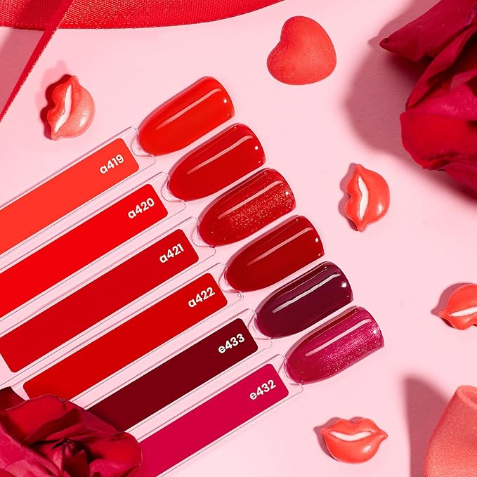Beetles Red Gel Nail Polish Set-15ML 6 Colors Shimmer Bloody Red Burgundy Gel Polish Kit Soak Off UV Full Size Winter Nail Art Salon Design DIY Chirstmas Gift for Women Colorful Bottle