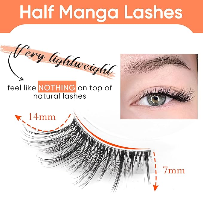 False Eyelashes Natural Half Lashes Wispy Manga Lashes C Curl Light Fake Eyelashes 7 Pairs Clear Band Pestañas Postizas by TOOCHUNAG